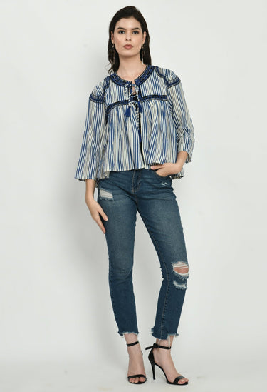 Embroidered Top With Tassel Neck Tie - RueCollections